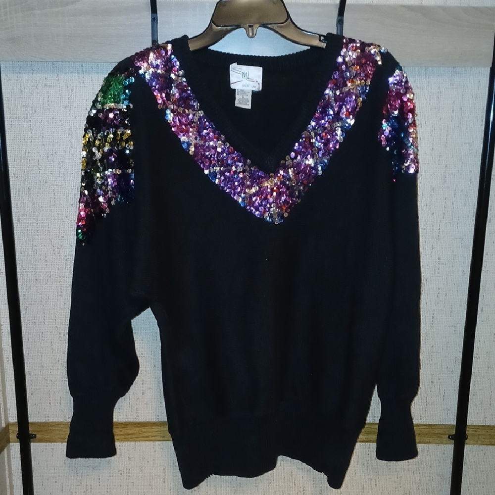 SML Sport Black V-Neck Sweater with Multicolor Sequin Accents